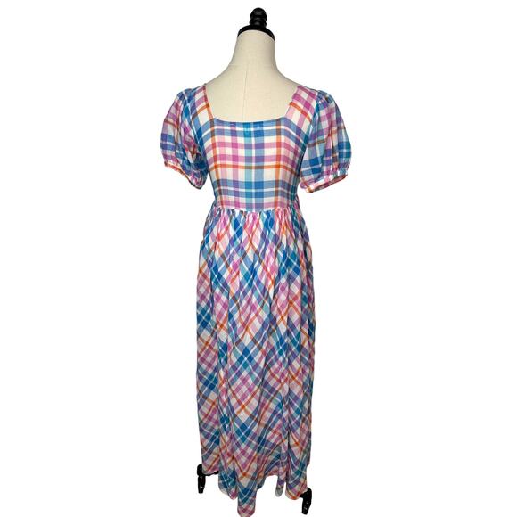 LoveShackFancy S Malibu Dream Plaid Kimball Midi Dress 100% Cotton Blue Pink - Picture 4 of 9
